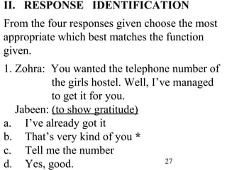 27
II. RESPONSE IDENTIFICATION
From the four responses given choose the most
appropriate which best matches the function
given.
1. Zohra: You wanted the telephone number of
the girls hostel. Well, I’ve managed
to get it for you.
Jabeen: (to show gratitude)
a. I’ve already got it
b. That’s very kind of you *
c. Tell me the number
d. Yes, good.
 