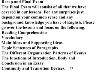 33
Recap and Final Exam
The Final Exam will consist of all that we have
covered in our lessons. For any surprises just
depend on your common sense and any
background knowledge you have of English. Please
go over the lessons and focus on the following:
Reading Comprehension
Vocabulary
Main Ideas and Supporting Ideas
Topic Sentences of Paragraphs
The Different Organization Patterns of Essays
The functions of Introduction, Body and
Conclusion in an Essay
Continuity and Transition Devices.
 