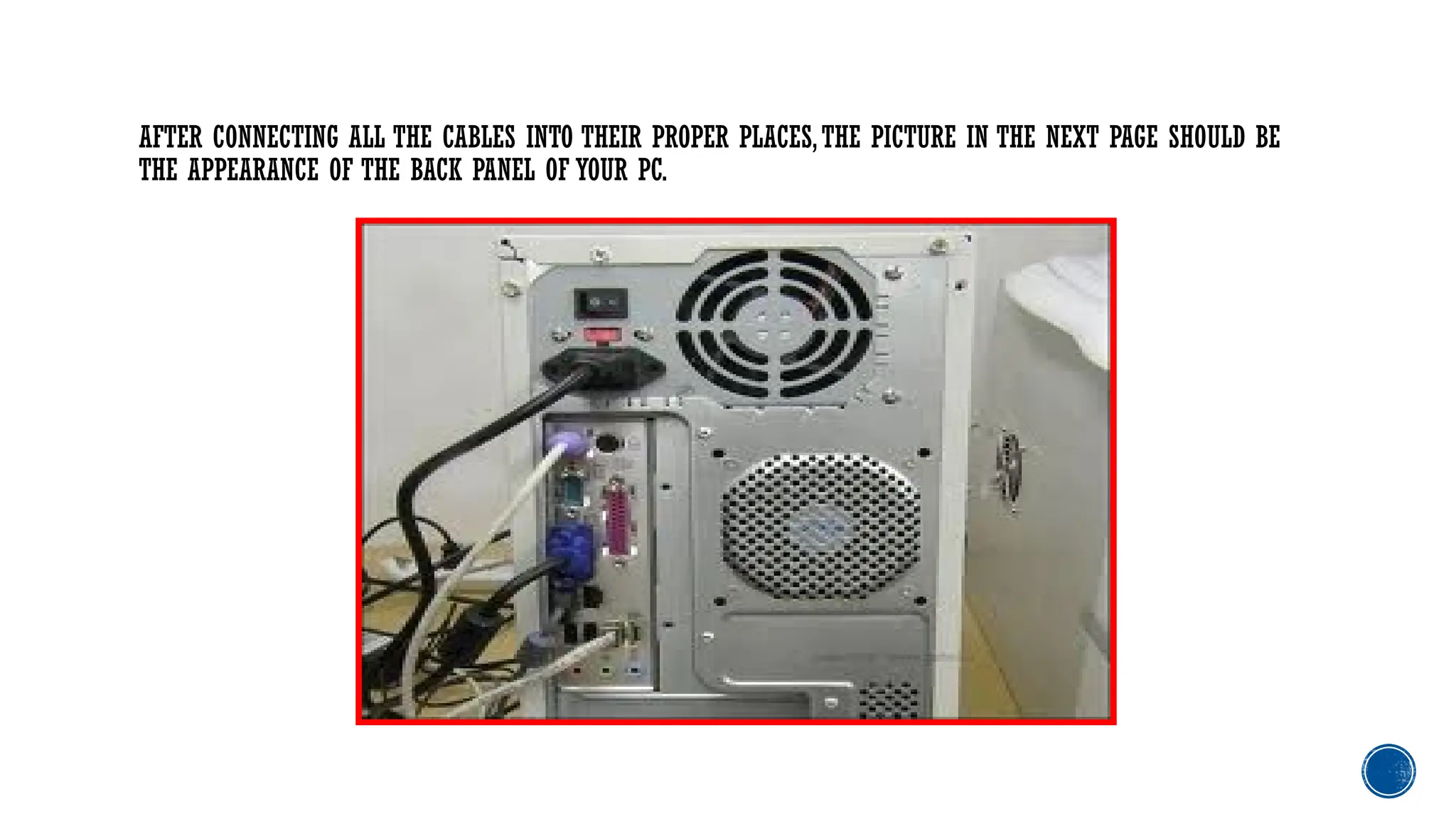 AFTER CONNECTING ALL THE CABLES INTO THEIR PROPER PLACES,THE PICTURE IN THE NEXT PAGE SHOULD BE
THE APPEARANCE OF THE BACK PANEL OF YOUR PC.
 
