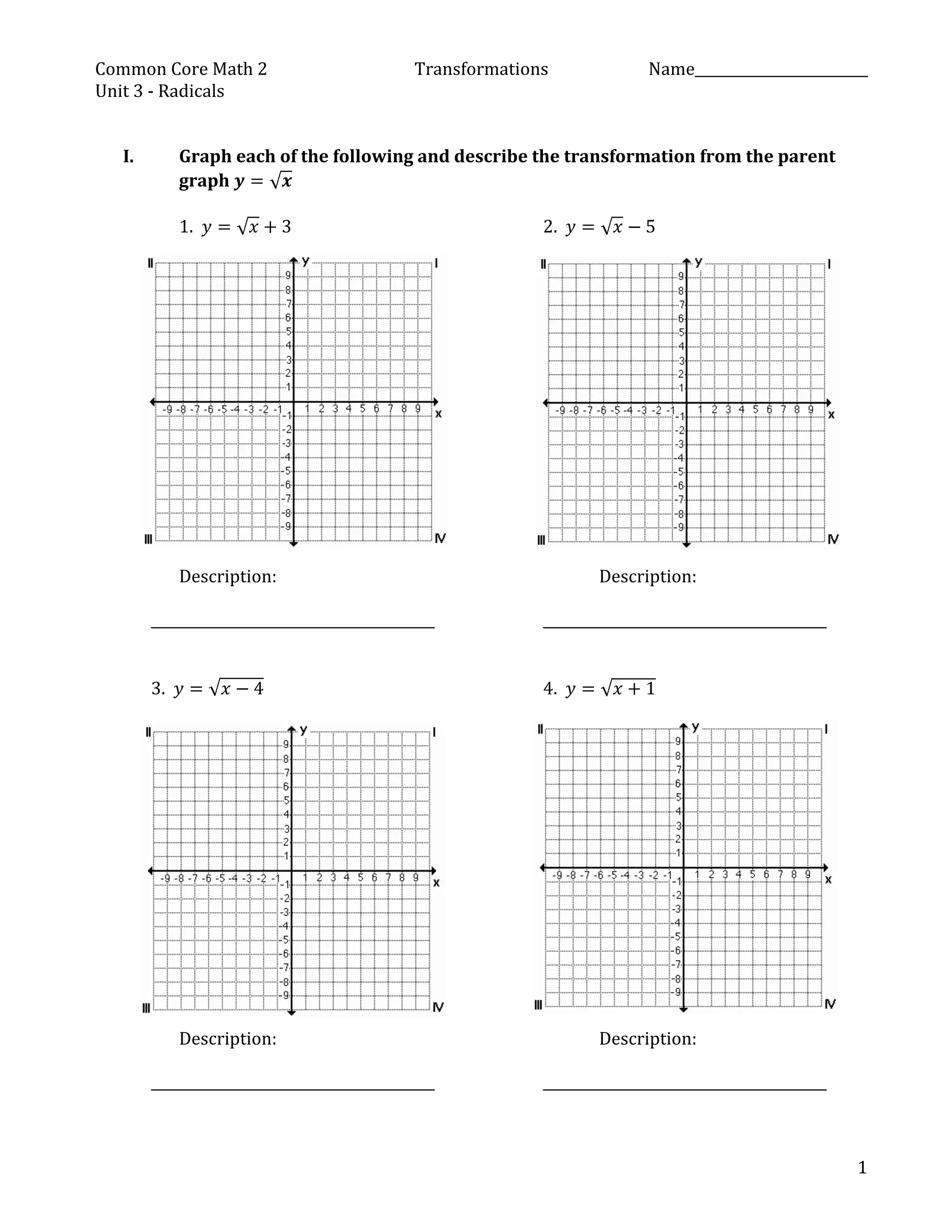 Practice for Square Root Graph & Transformations | PDF
