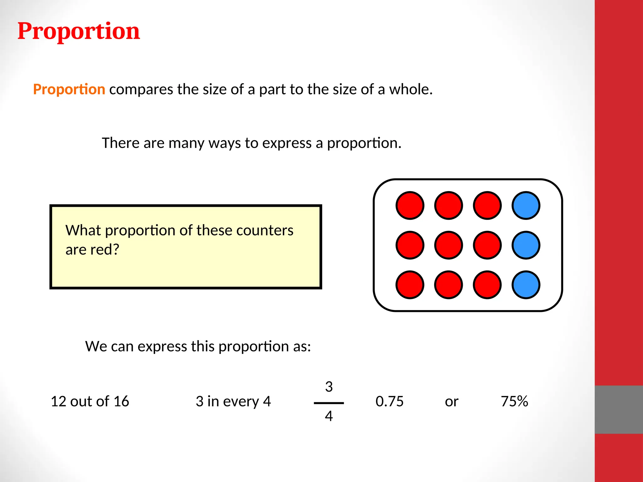 Proportion
There are many ways to express a proportion.
We can express this proportion as:
12 out of 16 3 in every 4
3
4
0.75 or 75%
Proportion compares the size of a part to the size of a whole.
What proportion of these counters
are red?
 