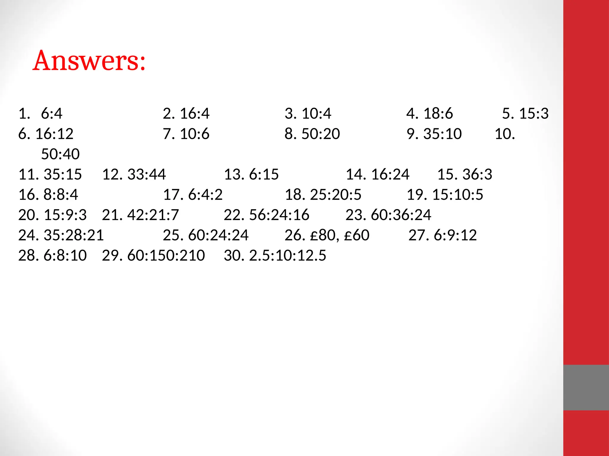Answers:
1. 6:4 2. 16:4 3. 10:4 4. 18:6 5. 15:3
6. 16:12 7. 10:6 8. 50:20 9. 35:10 10.
50:40
11. 35:15 12. 33:44 13. 6:15 14. 16:24 15. 36:3
16. 8:8:4 17. 6:4:2 18. 25:20:5 19. 15:10:5
20. 15:9:3 21. 42:21:7 22. 56:24:16 23. 60:36:24
24. 35:28:21 25. 60:24:24 26. £80, £60 27. 6:9:12
28. 6:8:10 29. 60:150:210 30. 2.5:10:12.5
 