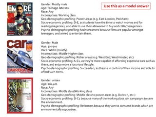 Gender: Mostly male
Age:Teenage-late 20s
Race: Any
Income/class: Working class
Geo-demographic profiling: Poorer areas (e.g. East London, Peckham)
Socio-economic profiling: D-E, as students have the time to watch movies and for
reading magazines, also able to use their allowance to buy and collect magazines.
Psycho-demographic profiling: Mainstreamers because films are popular amongst
teenagers, and aimed to entertain them.
Gender: Male
Age: 30s-50s
Race:White (mostly)
Income/class: Middle-Higher class
Geo-demographic profiling: Richer areas (e.g.West End,Westminster, etc)
Socio-economic profiling: A-C1, as they’re more capable of affording expensive cars such as
these, and enjoy more a luxurious lifestyle.
Psycho-demographic profiling: Succeeders, as they’re in control of their income and able to
afford such items.
Gender: unisex
Age: 20s-40s
Race: Any
Income/class: Middle class/Working class
Geo-demographic profiling: Middle class to poorer areas (e.g. Dulwich, etc.)
Socio-economic profiling: D-C2 because many of the working class join campaigns to save
the environment.
Psycho-demographic profiling: Reformers because they aim to consume brands which are
environmentally supportive.
Use this as a model answer
 