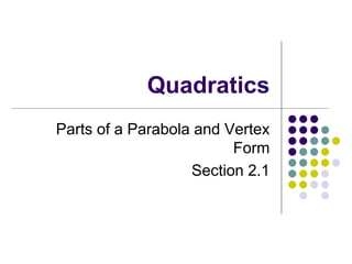 Quadratics
Parts of a Parabola and Vertex
Form
Section 2.1
 