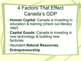 4 Factors That Effect Canada’s GDP Human Capital : Canada is investing in education & training (check out literacy rate!) Capital Goods:  Canada is investing in new technology & building new factories Abundant  Natural Resources Entrepreneurship 