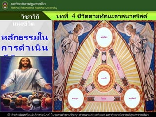 วิชาวิถี
แห่งชีวิต
บทที่ 4 ชีวิตตามทัศนะศาสนาคริสต์
@ ลิขสิทธิ์บทเรียนอิเล็กทรอนิกส์ โปรแกรมวิชาปรัชญา ศาสนาและเทววิทยา มหาวิทยาลัยราชภัฎนครราชสีมา
หลักธรรมใน
การดาเนิ น
ชี วิ ต ต า ม
หลักศาสนา
คริสต์
 