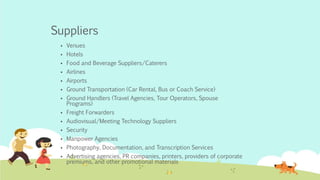 Suppliers
 Venues
 Hotels
 Food and Beverage Suppliers/Caterers
 Airlines
 Airports
 Ground Transportation (Car Rental, Bus or Coach Service)
 Ground Handlers (Travel Agencies, Tour Operators, Spouse
Programs)
 Freight Forwarders
 Audiovisual/Meeting Technology Suppliers
 Security
 Manpower Agencies
 Photography, Documentation, and Transcription Services
 Advertising agencies, PR companies, printers, providers of corporate
premiums, and other promotional materials
 