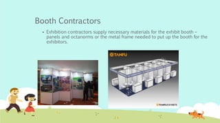 Booth Contractors
 Exhibition contractors supply necessary materials for the exhibit booth –
panels and octanorms or the metal frame needed to put up the booth for the
exhibitors.
 