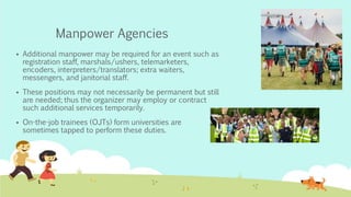 Manpower Agencies
 Additional manpower may be required for an event such as
registration staff, marshals/ushers, telemarketers,
encoders, interpreters/translators; extra waiters,
messengers, and janitorial staff.
 These positions may not necessarily be permanent but still
are needed; thus the organizer may employ or contract
such additional services temporarily.
 On-the-job trainees (OJTs) form universities are
sometimes tapped to perform these duties.
 