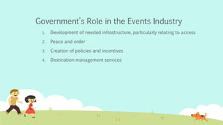 Government’s Role in the Events Industry
1. Development of needed infrastructure, particularly relating to access
2. Peace and order
3. Creation of policies and incentives
4. Destination management services
 