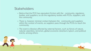 Stakeholders
 Notice that the PCO has equivalent friction with the community, regulatory
bodies, and suppliers; so do the regulatory bodies with PCOs, suppliers, and
the community.
 There is, however minimal contact between the community and suppliers
within the context of events, as suppliers pass through the PCOs to reach the
community.
 The event is likewise affected by external factors, such as forces of nature,
natural calamities, terrorism, global economic downturn/upturn, and political
events, among others.
 