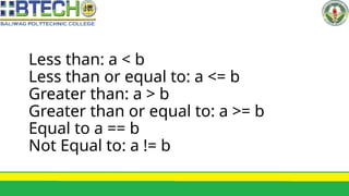 Less than: a < b
Less than or equal to: a <= b
Greater than: a > b
Greater than or equal to: a >= b
Equal to a == b
Not Equal to: a != b
 