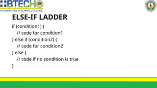 ELSE-IF LADDER
if (condition1) {
// code for condition1
} else if (condition2) {
// code for condition2
} else {
// code if no condition is true
}
 