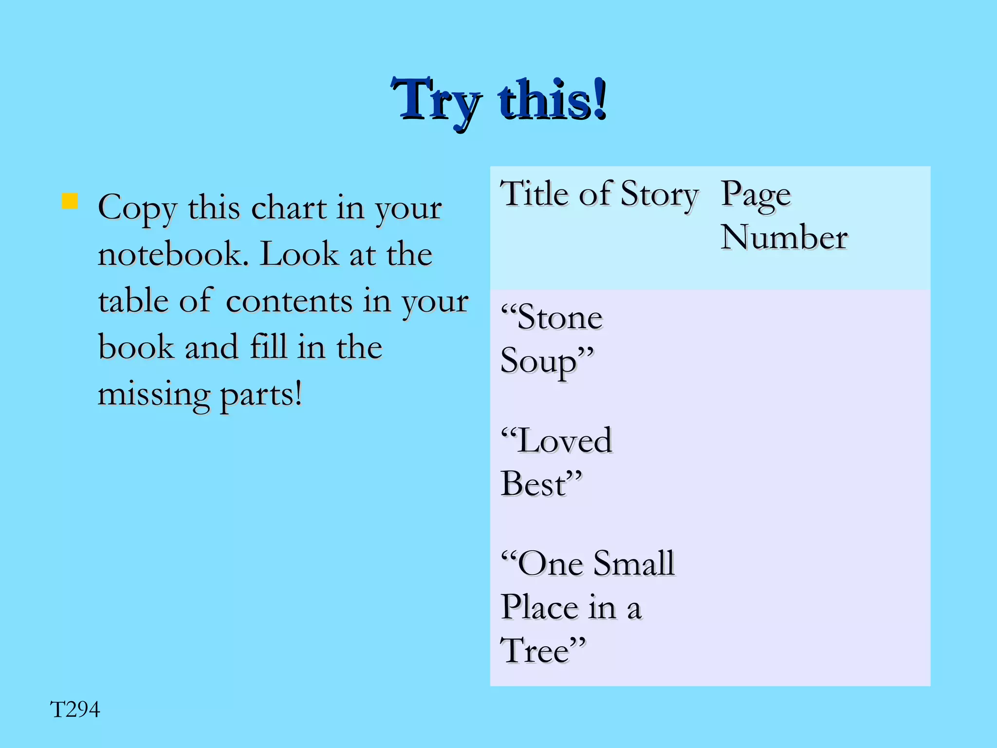 TTrryy tthhiiss!! 
 CCooppyy tthhiiss cchhaarrtt iinn yyoouurr 
nnootteebbooookk.. LLooookk aatt tthhee 
ttaabbllee ooff ccoonntteennttss iinn yyoouurr 
bbooookk aanndd ffiillll iinn tthhee 
mmiissssiinngg ppaarrttss!! 
TTiittllee ooff SSttoorryy PPaaggee 
NNuummbbeerr 
““SSttoonnee 
SSoouupp”” 
““LLoovveedd 
BBeesstt”” 
““OOnnee SSmmaallll 
PPllaaccee iinn aa 
TTrreeee”” 
T294 
 