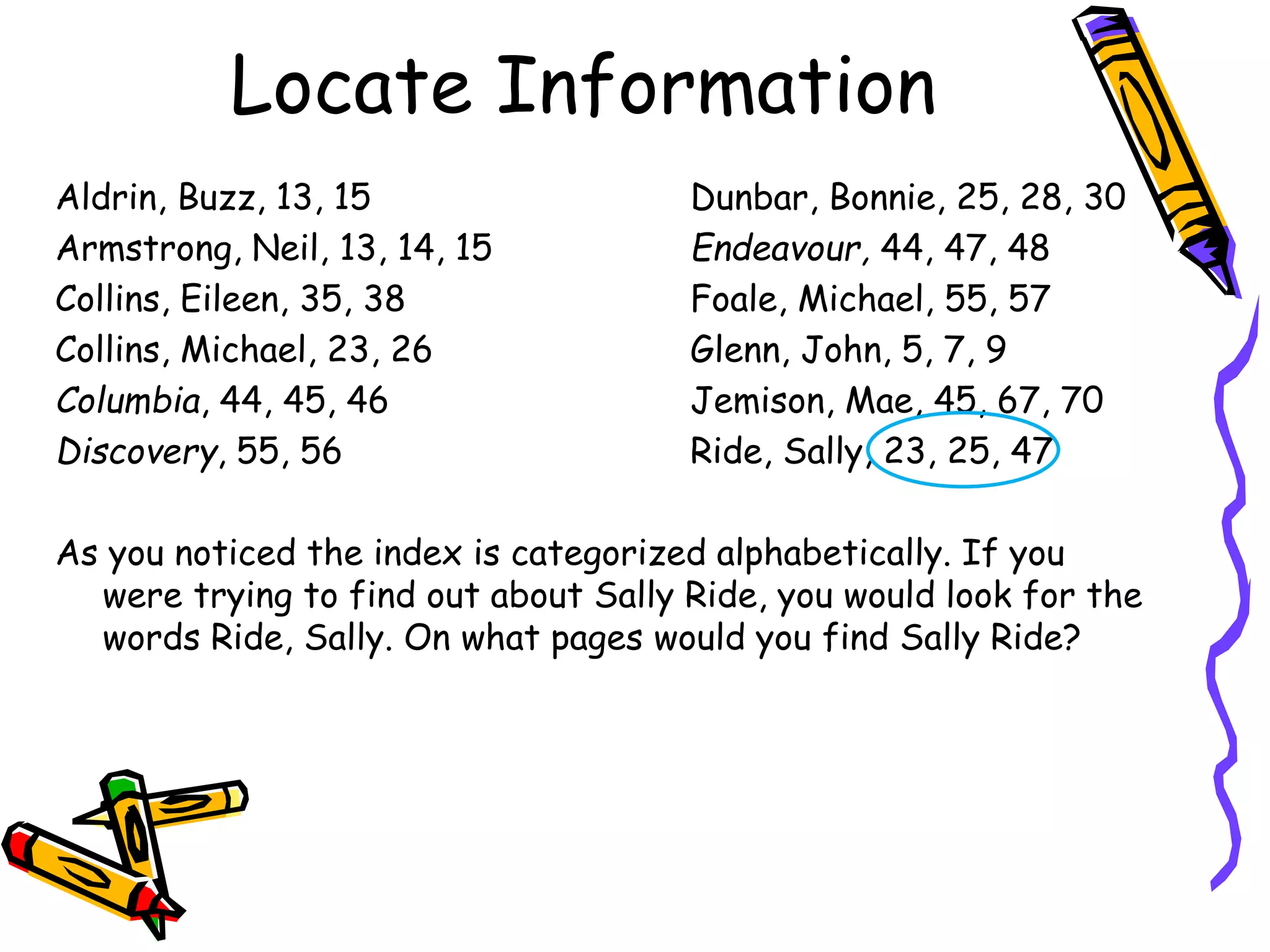Locate Information 
Aldrin, Buzz, 13, 15 Dunbar, Bonnie, 25, 28, 30 
Armstrong, Neil, 13, 14, 15 Endeavour, 44, 47, 48 
Collins, Eileen, 35, 38 Foale, Michael, 55, 57 
Collins, Michael, 23, 26 Glenn, John, 5, 7, 9 
Columbia, 44, 45, 46 Jemison, Mae, 45, 67, 70 
Discovery, 55, 56 Ride, Sally, 23, 25, 47 
As you noticed the index is categorized alphabetically. If you 
were trying to find out about Sally Ride, you would look for the 
words Ride, Sally. On what pages would you find Sally Ride? 
 