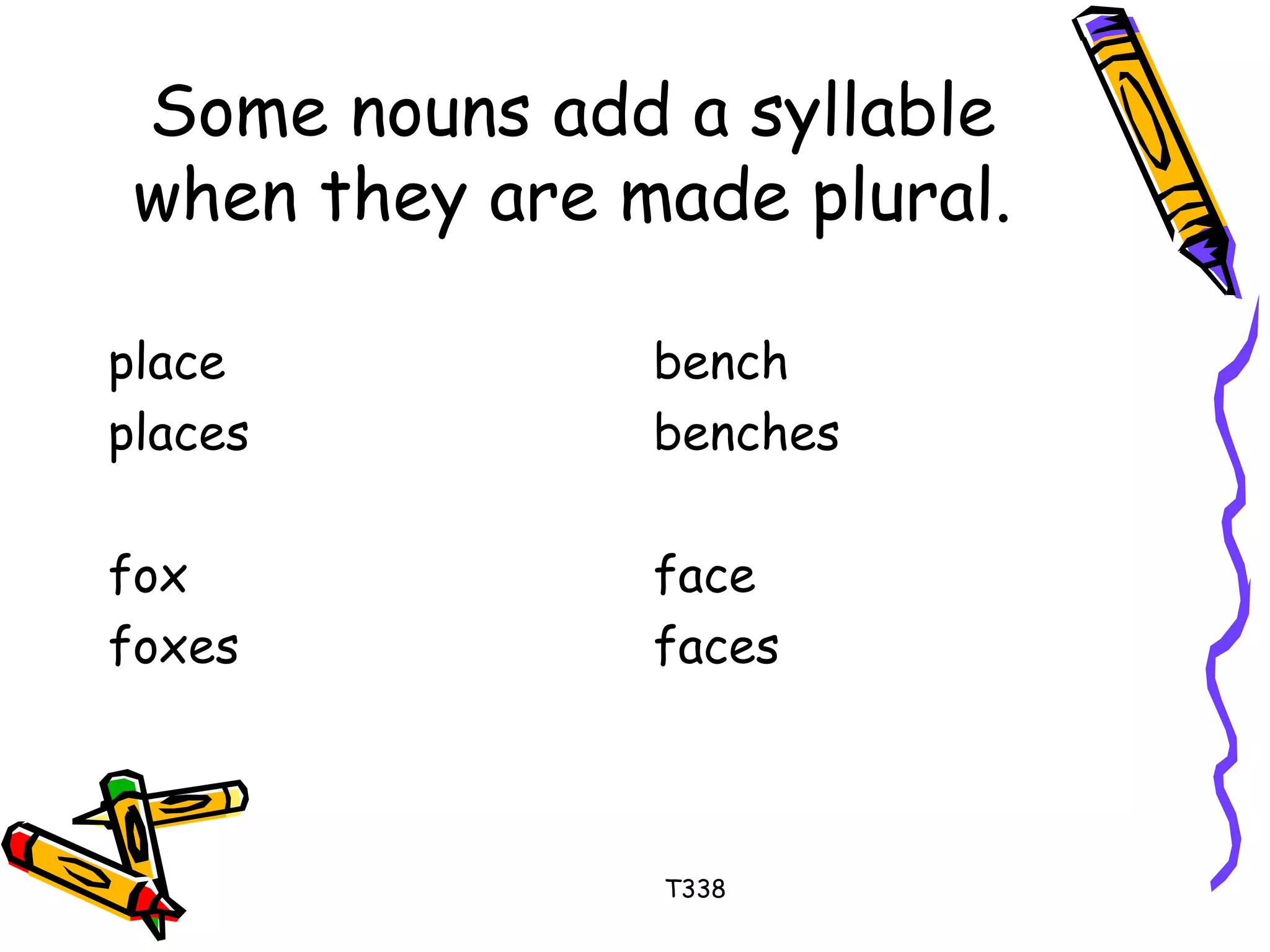 Some nouns add a syllable 
when they are made plural. 
place 
places 
fox 
foxes 
bench 
benches 
face 
faces 
T338 
 