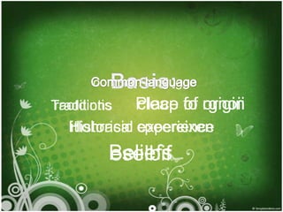 oomcnm analugge
raotdintis
Traditions   Place fo rgnoii
             cleap of origin
  Historical cpeereixen
  itlohrasic experience
         Beliefs
         eselbif
 