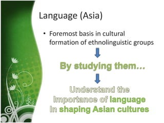 Language (Asia)
 • Foremost basis in cultural
   formation of ethnolinguistic groups
 