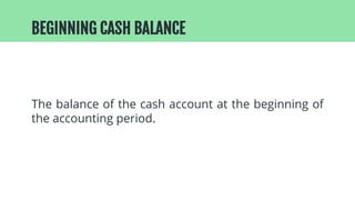 The balance of the cash account at the end of the
accounting period computed period using the
beginning balance plus the n...