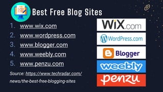 1. www.wix.com
2. www.wordpress.com
3. www.blogger.com
4. www.weebly.com
5. www.penzu.com
Source: https://www.techradar.com/
news/the-best-free-blogging-sites
Best Free Blog Sites
 