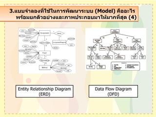 3. แบบจำลองที่ใช้ในการพัฒนาระบบ  (Model)  คืออะไร  พร้อมยกตัวอย่างและภาพประกอบมาให้มากที่สุด  (4) Entity Relationship Diagram (ERD) Data Flow Diagram (DFD) 
