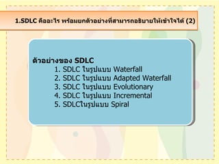 1.SDLC  คืออะไร พร้อมยกตัวอย่างที่สามารถอธิบายให้เข้าใจได้  (2) ตัวอย่างของ  SDLC 1. SDLC  ในรูปแบบ  Waterfall 2. SDLC  ในรูปแบบ  Adapted Waterfall 3. SDLC  ในรูปแบบ  Evolutionary 4. SDLC  ในรูปแบบ  Incremental 5. SDLC ในรูปแบบ  Spiral 
