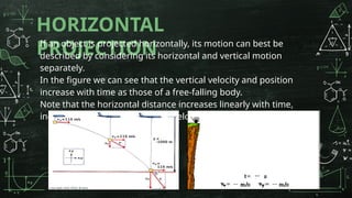 HORIZONTAL
PROJECTION
If an object is projected horizontally, its motion can best be
described by considering its horizontal and vertical motion
separately.
In the figure we can see that the vertical velocity and position
increase with time as those of a free-falling body.
Note that the horizontal distance increases linearly with time,
indicating a constant horizontal velocity.
 