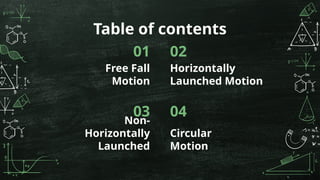 Circular
Motion
Non-
Horizontally
Launched
Free Fall
Motion
01 02
03 04
Table of contents
Horizontally
Launched Motion
 
