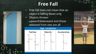 Free Fall
• Free fall does not mean that an
object is falling down only
• Objects thrown
upward/downward and those
released from rest are all
examples of free fall
 