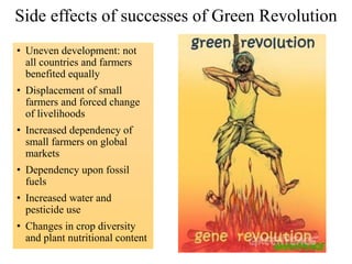 Side effects of successes of Green Revolution
• Uneven development: not
all countries and farmers
benefited equally
• Displacement of small
farmers and forced change
of livelihoods
• Increased dependency of
small farmers on global
markets
• Dependency upon fossil
fuels
• Increased water and
pesticide use
• Changes in crop diversity
and plant nutritional content
 