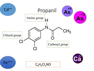 Propanil
Cd++
Fe+++
C9H9Cl2NO
Amino group
Chloral group
Carbonyl group
 