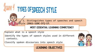 1. Distinguishes types of speeches and speech
style (EN11-12OC-Ifj-17)
Explain what is a speech style
Identify the types of speech styles used in different
contexts.
Classify spoken discourses into speech style
 