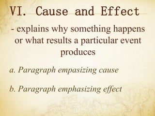 VI. Cause and Effect
- explains why something happens
or what results a particular event
produces
a. Paragraph empasizing cause
b. Paragraph emphasizing effect
 