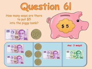 How many ways are there
to put $5
into the piggy bank?
$ 5
Ans: 3 ways!
 