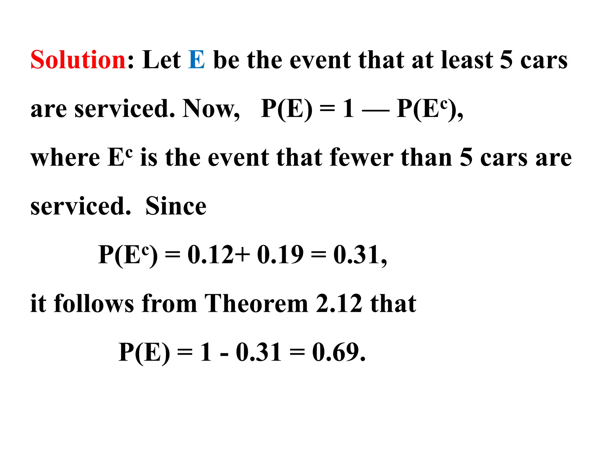 Solution: Let E be the event that at least 5 cars
are serviced. Now, P(E) = 1 — P(Ec),
where Ec is the event that fewer than 5 cars are
serviced. Since
P(Ec) = 0.12+ 0.19 = 0.31,
it follows from Theorem 2.12 that
P(E) = 1 - 0.31 = 0.69.
 