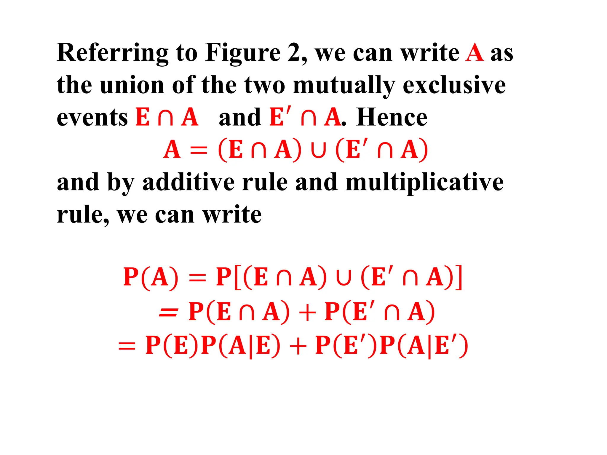 Referring to Figure 2, we can write A as
the union of the two mutually exclusive
events 𝐄 ∩ 𝐀 and 𝐄′
∩ 𝐀. Hence
𝐀 = 𝐄 ∩ 𝐀 ∪ 𝐄′
∩ 𝐀
and by additive rule and multiplicative
rule, we can write
𝐏(𝐀) = 𝐏 𝐄 ∩ 𝐀 ∪ 𝐄′
∩ 𝐀
= 𝐏 𝐄 ∩ 𝐀 + 𝐏 𝐄′
∩ 𝐀
= 𝐏 𝐄 𝐏 𝐀|𝐄 + 𝐏 𝐄′
𝐏 𝐀|𝐄′
 
