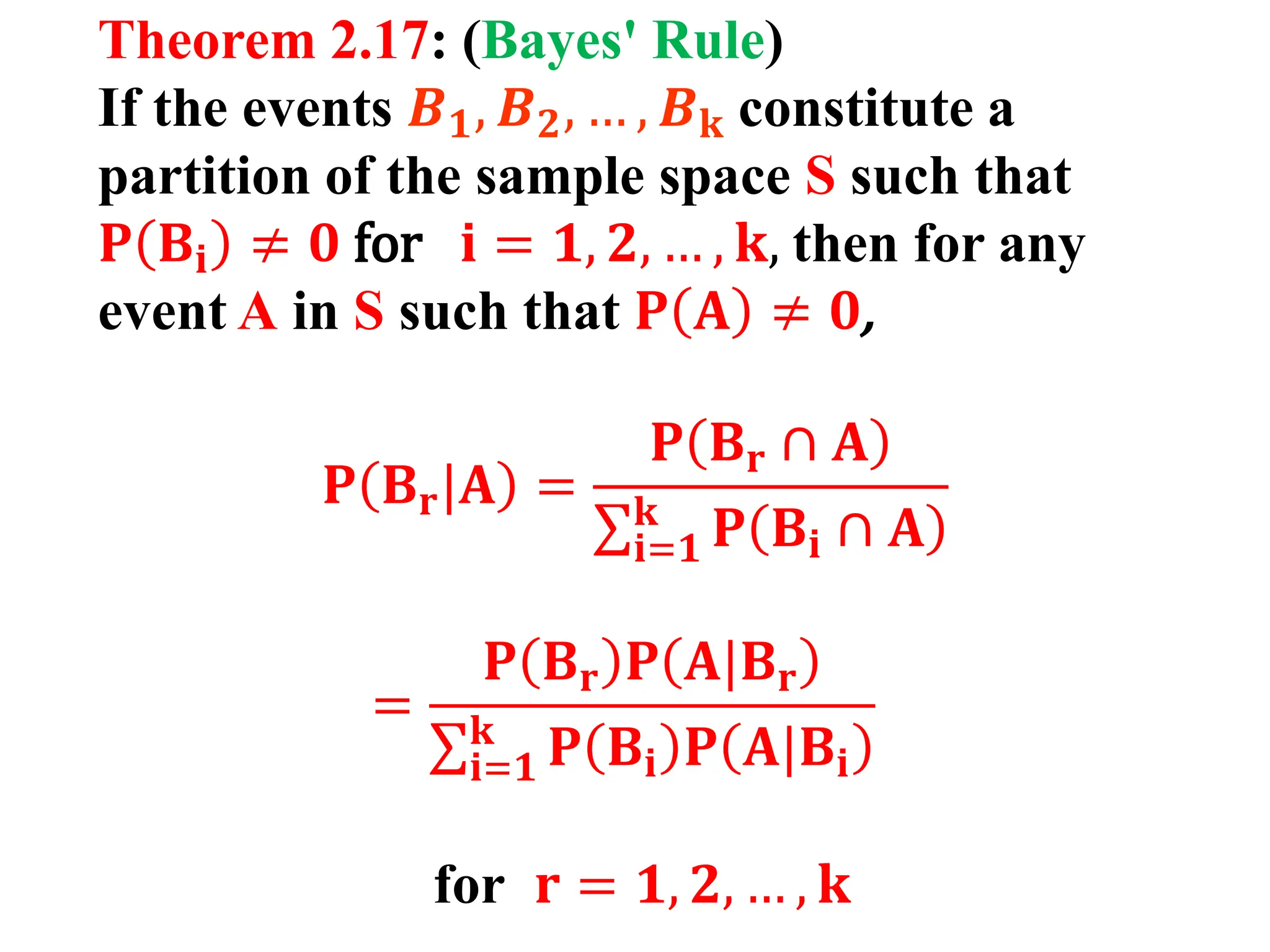 Theorem 2.17: (Bayes' Rule)
If the events 𝑩𝟏, 𝑩𝟐, … , 𝑩𝐤 constitute a
partition of the sample space S such that
𝐏 𝐁𝐢 ≠ 𝟎 for 𝐢 = 𝟏, 𝟐, … , 𝐤, then for any
event A in S such that 𝐏 𝐀 ≠ 𝟎,
𝐏 𝐁𝐫|𝐀 =
𝐏 𝐁𝐫 ∩ 𝐀
σ𝐢=𝟏
𝐤
𝐏 𝐁𝐢 ∩ 𝐀
=
𝐏 𝐁𝐫 𝐏 𝐀|𝐁𝐫
σ𝐢=𝟏
𝐤
𝐏 𝐁𝐢 𝐏 𝐀|𝐁𝐢
for 𝐫 = 𝟏, 𝟐, … , 𝐤
 