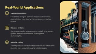 Real-World Applications
Steam Locomotives
Convert heat energy to rotational motion via reciprocating
pistons. Pistons move linearly, then crank converts to wheel
rotation.
Elevator Systems
Use compound pulley arrangements to multiply force. Modern
systems achieve 10:1 mechanical advantage with
counterweights.
Manufacturing
Assembly lines use conveyor belts (wheel/axle) and robotic arms
(levers) to move products through production stages.
 