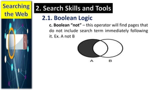 c. Boolean “not” – this operator will find pages that
do not include search term immediately following
it. Ex. A not B
 