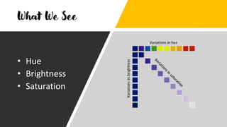 What We See
• Hue
• Brightness
• Saturation
 