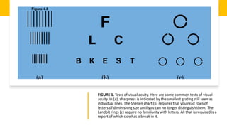 FIGURE 1. Tests of visual acuity. Here are some common tests of visual
acuity. In (a), sharpness is indicated by the smallest grating still seen as
individual lines. The Snellen chart (b) requires that you read rows of
letters of diminishing size until you can no longer distinguish them. The
Landolt rings (c) require no familiarity with letters. All that is required is a
report of which side has a break in it.
Figure 4.8
 