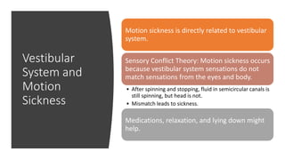 Vestibular
System and
Motion
Sickness
Motion sickness is directly related to vestibular
system.
Sensory Conflict Theory: Motion sickness occurs
because vestibular system sensations do not
match sensations from the eyes and body.
• After spinning and stopping, fluid in semicircular canals is
still spinning, but head is not.
• Mismatch leads to sickness.
Medications, relaxation, and lying down might
help.
 