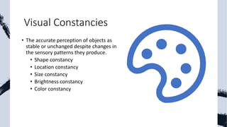 Visual Constancies
• The accurate perception of objects as
stable or unchanged despite changes in
the sensory patterns they produce.
• Shape constancy
• Location constancy
• Size constancy
• Brightness constancy
• Color constancy
 