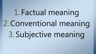 1.Factual meaning
2.Conventional meaning
3.Subjective meaning
 