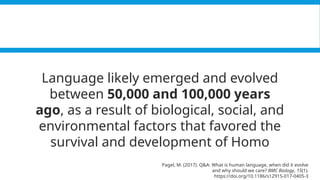 Pagel, M. (2017). Q&A: What is human language, when did it evolve and why should we care? BMC Biology, 15(1).
https://doi.org/10.1186/s12915-017-0405-3
Language likely emerged and evolved
between 50,000 and 100,000 years
ago, as a result of biological, social, and
environmental factors that favored the
survival and development of Homo
Pagel, M. (2017). Q&A: What is human language, when did it evolve
and why should we care? BMC Biology, 15(1).
https://doi.org/10.1186/s12915-017-0405-3
 