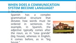 WHEN DOES A COMMUNICATION
SYSTEM BECOME LANGUAGE?
2. Structure:
Spanish has a complex
grammatical structure that
dictates how words must be
ordered in sentences. For
example, in Spanish, the
adjective typically comes after
the noun, as in "casa grande"
(big house), whereas in English,
it comes before, as in "big
 