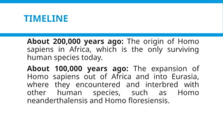 Pagel, M. (2017). Q&A: What is human language, when did it evolve and why should we care? BMC Biology, 15(1).
https://doi.org/10.1186/s12915-017-0405-3
TIMELINE
About 200,000 years ago: The origin of Homo
sapiens in Africa, which is the only surviving
human species today.
About 100,000 years ago: The expansion of
Homo sapiens out of Africa and into Eurasia,
where they encountered and interbred with
other human species, such as Homo
neanderthalensis and Homo floresiensis.
 