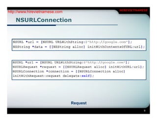 HIREVIETNAMESE
http://www.hirevietnamese.com

    NSURLConnection




                                Request
                                                      9
 