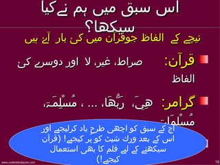 ‫اس سبق ميں ہم نےكيا‬
                            ‫سيكھا؟‬
               ‫نيچے كے الفاظ جوقرآن ميں كئ بار آۓ ہيں‬
                ‫نيچے كے الفاظ جوقرآن ميں كئ بار آۓ ہيں‬

          ‫صراط، غير، ل اور دوسرے كئ‬                         ‫قرآن:‬
                                                              ‫الفاظ‬

                          ‫گرامر: ھِيَ، رَبّھَا، ... ، مسْلمَۃ،‬
                                ‫ُ ِ‬
                                                          ‫مسْل آجَات‬
                          ‫كے سبق كو اچھی طرح ياد كرليجيے اور‬
                                                             ‫ُ ِم‬
                          ‫اس كے بعد ورك شيٹ كو پُر كيجيے! )قرآن‬
                                                  ‫نكاتِ تعليم:‬
                                  ‫كتنا یاد رہتا ہے؟‬
                            ‫سيكھنے كے ليے قلم كا بھی استعمال‬
‫‪www.understandquran.com‬‬
                                            ‫كيجيے!(‬                    ‫81‬
 