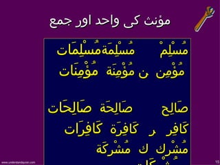 ‫مؤنث كی واحد اور جمع‬

                           ‫مُسلِمَةمسْلِمَات‬
                                    ‫ُ‬    ‫ْ‬         ‫مُسْلِمْ‬
                           ‫ن مُؤْمِنَة مُؤمِنَات‬
                                  ‫ْ‬                ‫مُؤْمِن‬

                          ‫صَالِحَة صَالِحَات‬      ‫صَالِح‬
                             ‫كَافِر ر كَافِرَة كَافِرَات‬
                                    ‫مُشْرِك ك مُشْرِكَة‬
‫‪www.understandquran.com‬‬                                       ‫51‬
 